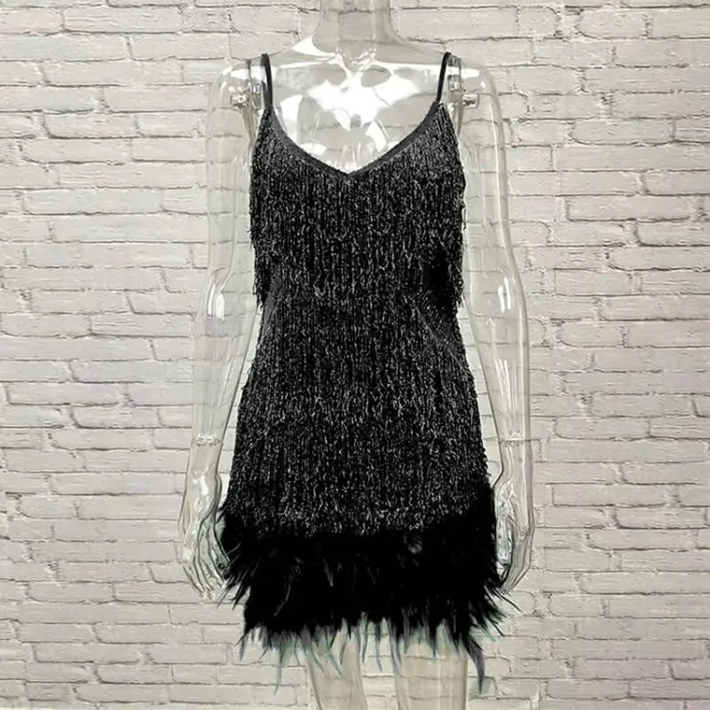 Roxie sequin fringe mini dress with feather trim hem and spaghetti straps - view 30