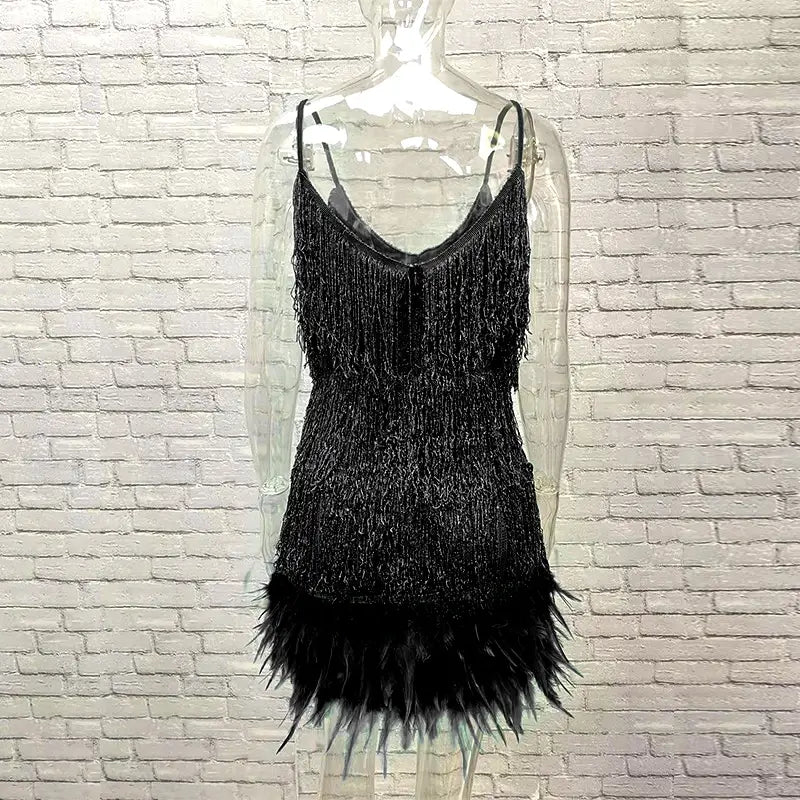 Roxie sequin fringe mini dress with feather trim hem and spaghetti straps - view 31