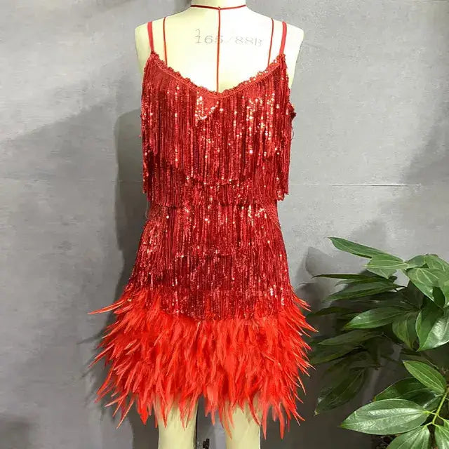 Roxie sequin fringe mini dress with feather trim hem and spaghetti straps - view 33