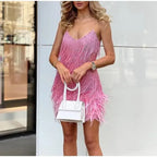Roxie sequin fringe mini dress with feather trim hem and spaghetti straps - view 4