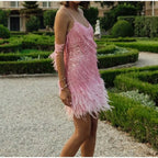 Roxie sequin fringe mini dress with feather trim hem and spaghetti straps - view 6