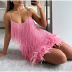 Roxie sequin fringe mini dress with feather trim hem and spaghetti straps - view 8