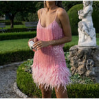 Roxie sequin fringe mini dress with feather trim hem and spaghetti straps - view 9