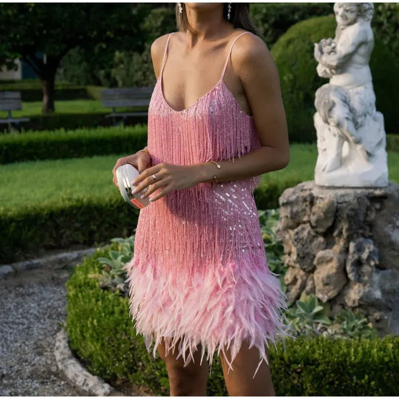 Roxie sequin fringe mini dress with feather trim hem and spaghetti straps - view 9