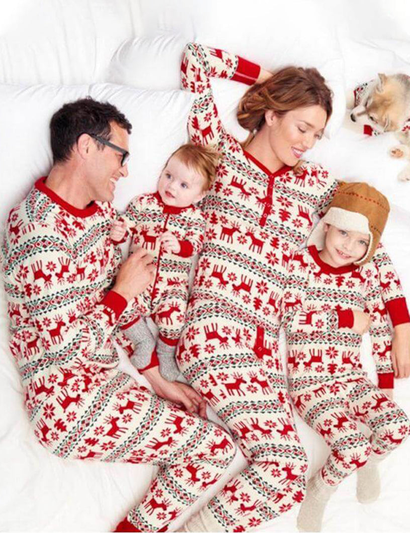 Matching family Christmas pajamas with red reindeer Fair Isle print and red ribbed cuffs - view 11