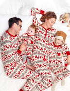 Matching family Christmas pajamas with red reindeer Fair Isle print and red ribbed cuffs - view 11