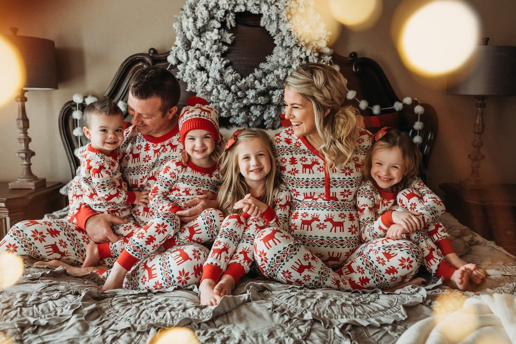 Matching family Christmas pajamas with red reindeer Fair Isle print and red ribbed cuffs - view 12