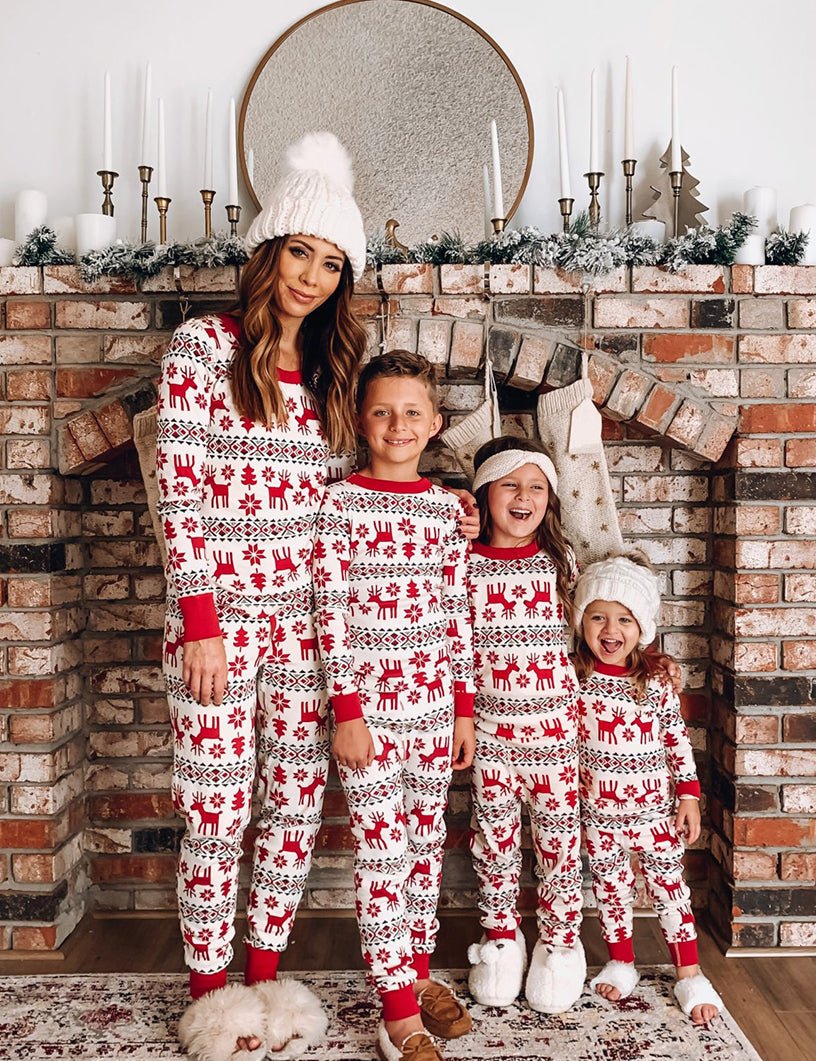 Matching family Christmas pajamas with red reindeer Fair Isle print and red ribbed cuffs - view 2