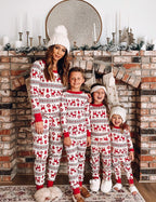 Matching family Christmas pajamas with red reindeer Fair Isle print and red ribbed cuffs - view 2