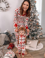 Matching family Christmas pajamas with red reindeer Fair Isle print and red ribbed cuffs - view 3