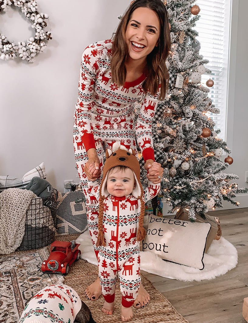 Matching family Christmas pajamas with red reindeer Fair Isle print and red ribbed cuffs - view 3