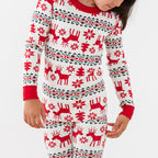 Matching family Christmas pajamas with red reindeer Fair Isle print and red ribbed cuffs - view 5