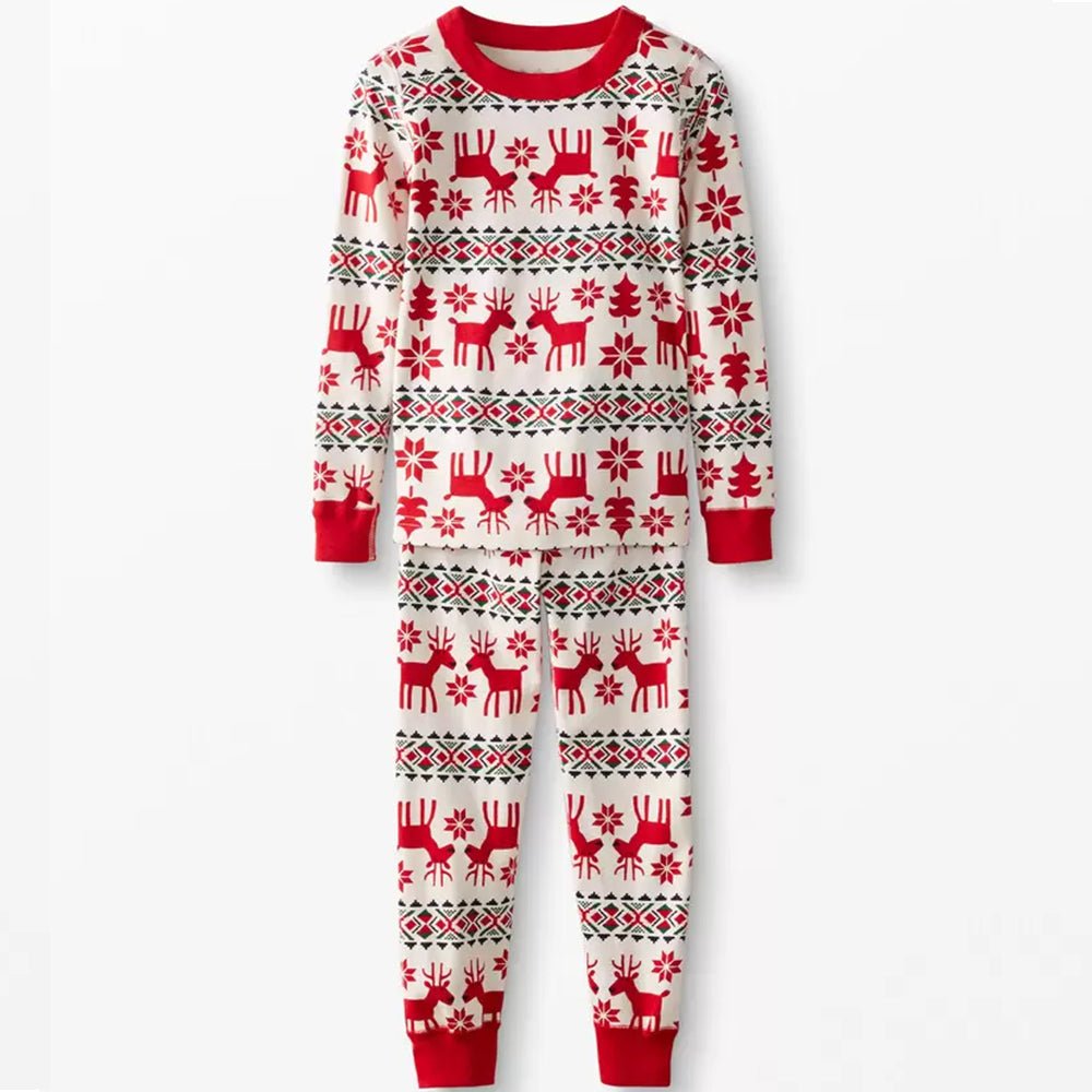 Matching family Christmas pajamas with red reindeer Fair Isle print and red ribbed cuffs - view 7