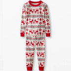 Matching family Christmas pajamas with red reindeer Fair Isle print and red ribbed cuffs - view 7