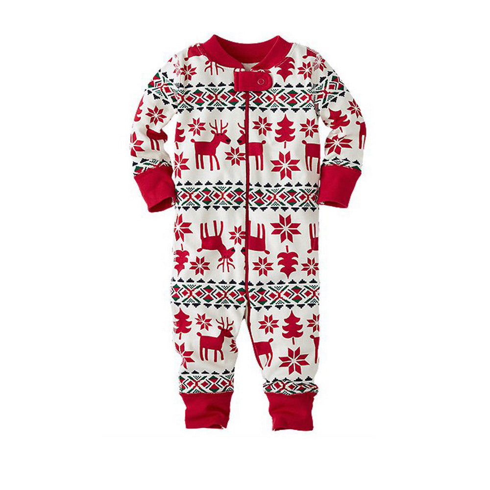 Matching family Christmas pajamas with red reindeer Fair Isle print and red ribbed cuffs - view 8