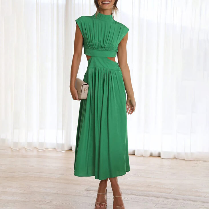 Sleeveless mock neck midi dress with waist cutouts and pleated skirt