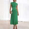 Sleeveless mock neck midi dress with waist cutouts and pleated skirt