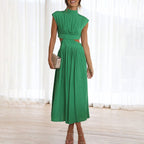 Sleeveless mock neck midi dress with waist cutouts and pleated skirt