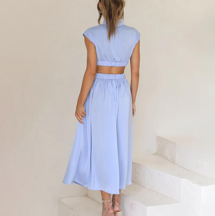 Sleeveless mock neck midi dress with waist cutouts and pleated skirt - view 10
