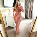 Long sleeve chevron knit maxi dress with plunging V-neck and ring detail
