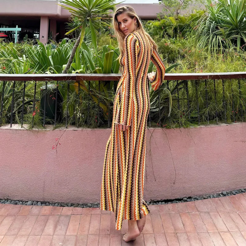 Long sleeve chevron knit maxi dress with plunging V-neck and ring detail - view 4