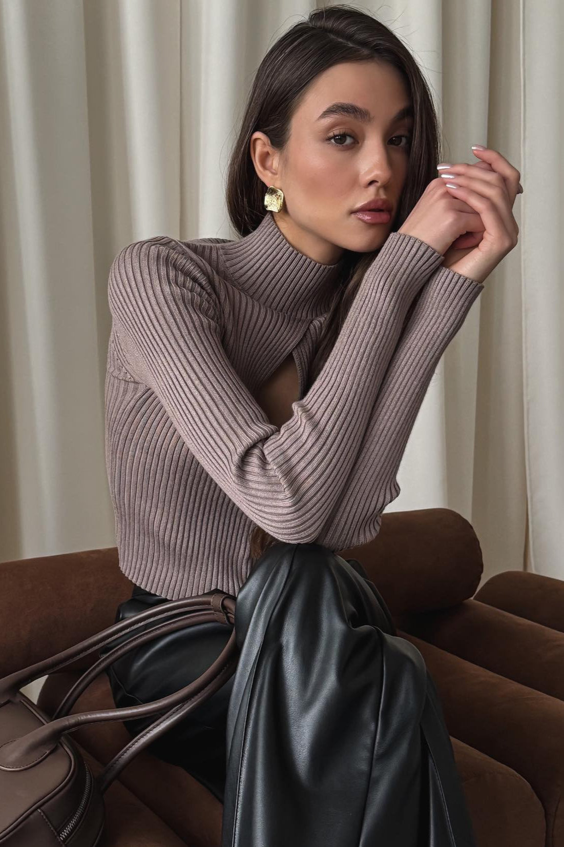 Brown fitted long sleeve ribbed top with keyhole cutout and turtleneck - view 2