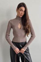 Brown fitted long sleeve ribbed top with keyhole cutout and turtleneck - view 3