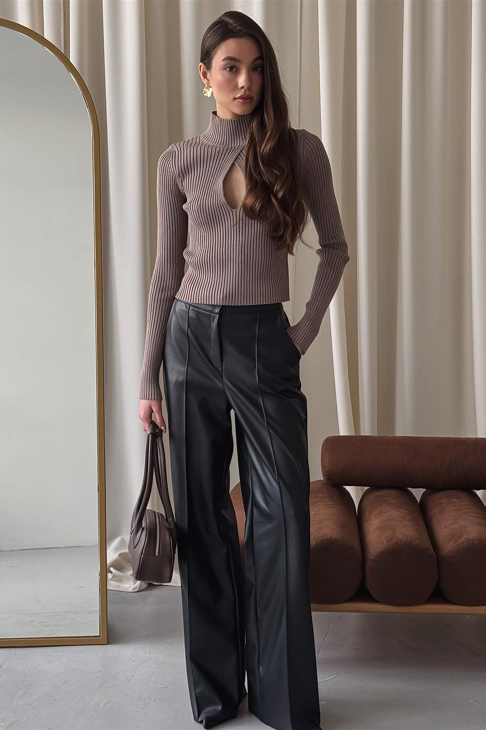 Brown fitted long sleeve ribbed top with keyhole cutout and turtleneck - view 5