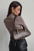 Brown fitted long sleeve ribbed top with keyhole cutout and turtleneck - view 6