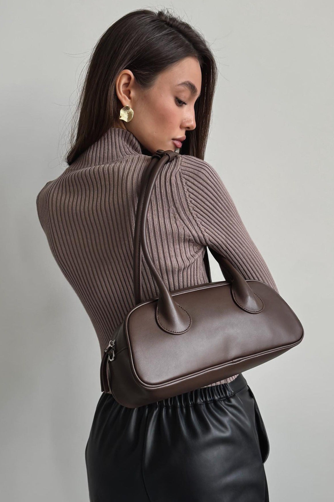 Brown fitted long sleeve ribbed top with keyhole cutout and turtleneck - view 6