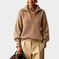 Women's relaxed quarter zip knit sweater with high stand collar and ribbed cuffs - view 3