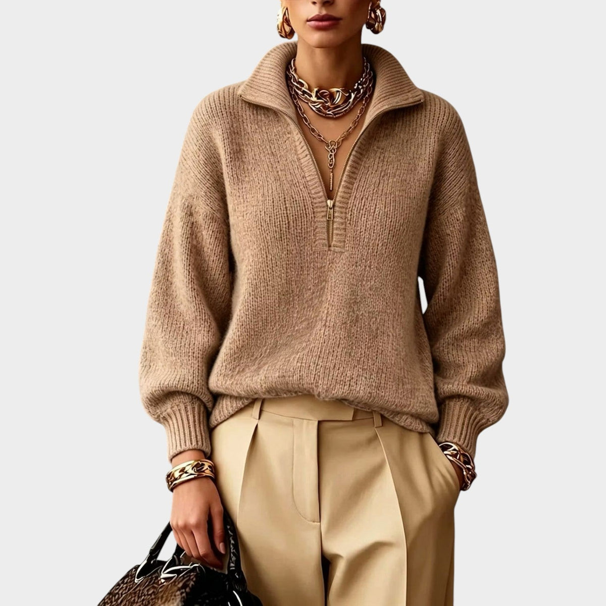 Women's relaxed quarter zip knit sweater with high stand collar and ribbed cuffs - view 3