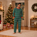 Matching family Christmas pajamas in green with white tree print and red cuffs - view 2
