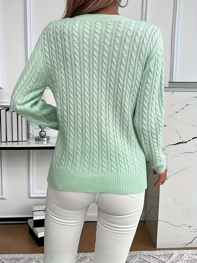 Women's cable knit crew neck sweater with ribbed cuffs and hem - view 12