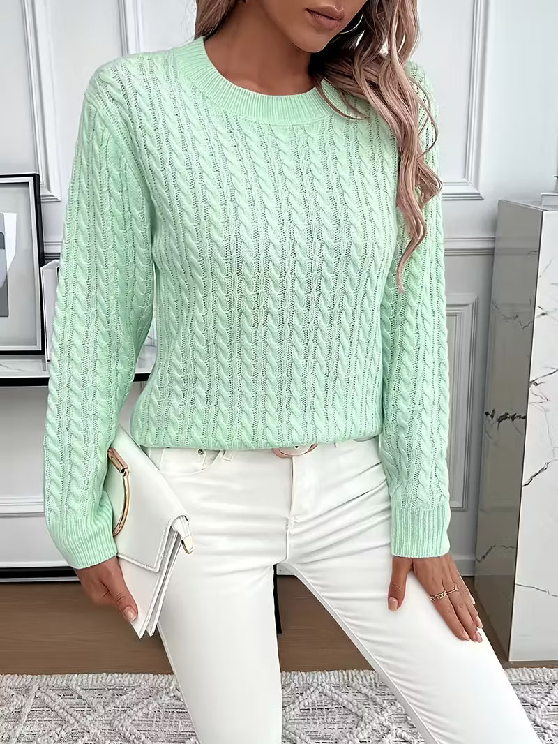 Women's cable knit crew neck sweater with ribbed cuffs and hem - view 13