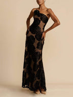 Black rose appliqué sheer mesh formal evening maxi dress with rosette shoulder - view 2