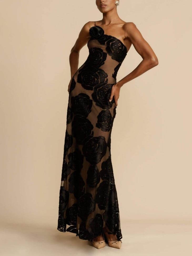 Black rose appliqué sheer mesh formal evening maxi dress with rosette shoulder - view 2