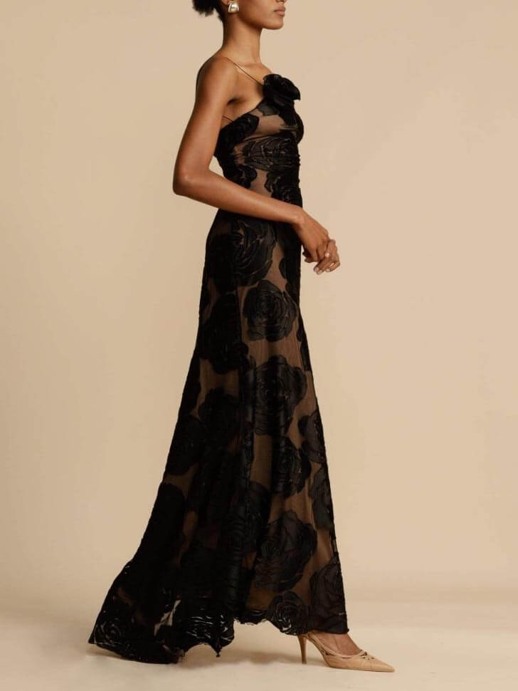 Black rose appliqué sheer mesh formal evening maxi dress with rosette shoulder - view 3