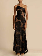Black rose appliqué sheer mesh formal evening maxi dress with rosette shoulder - view 4