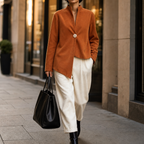 Women's burnt orange stand collar asymmetric blazer with one large button - view 2