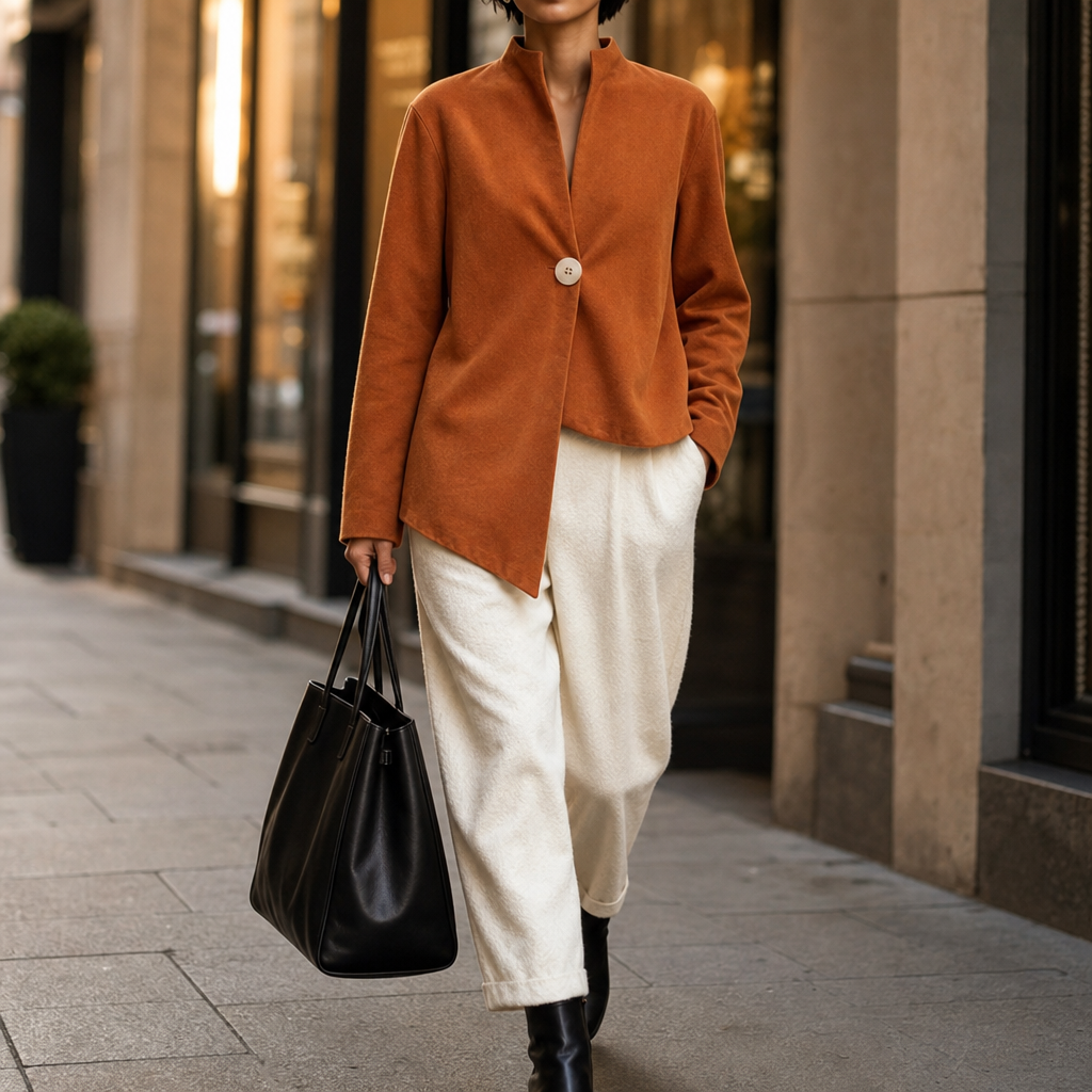Women's burnt orange stand collar asymmetric blazer with one large button - view 2