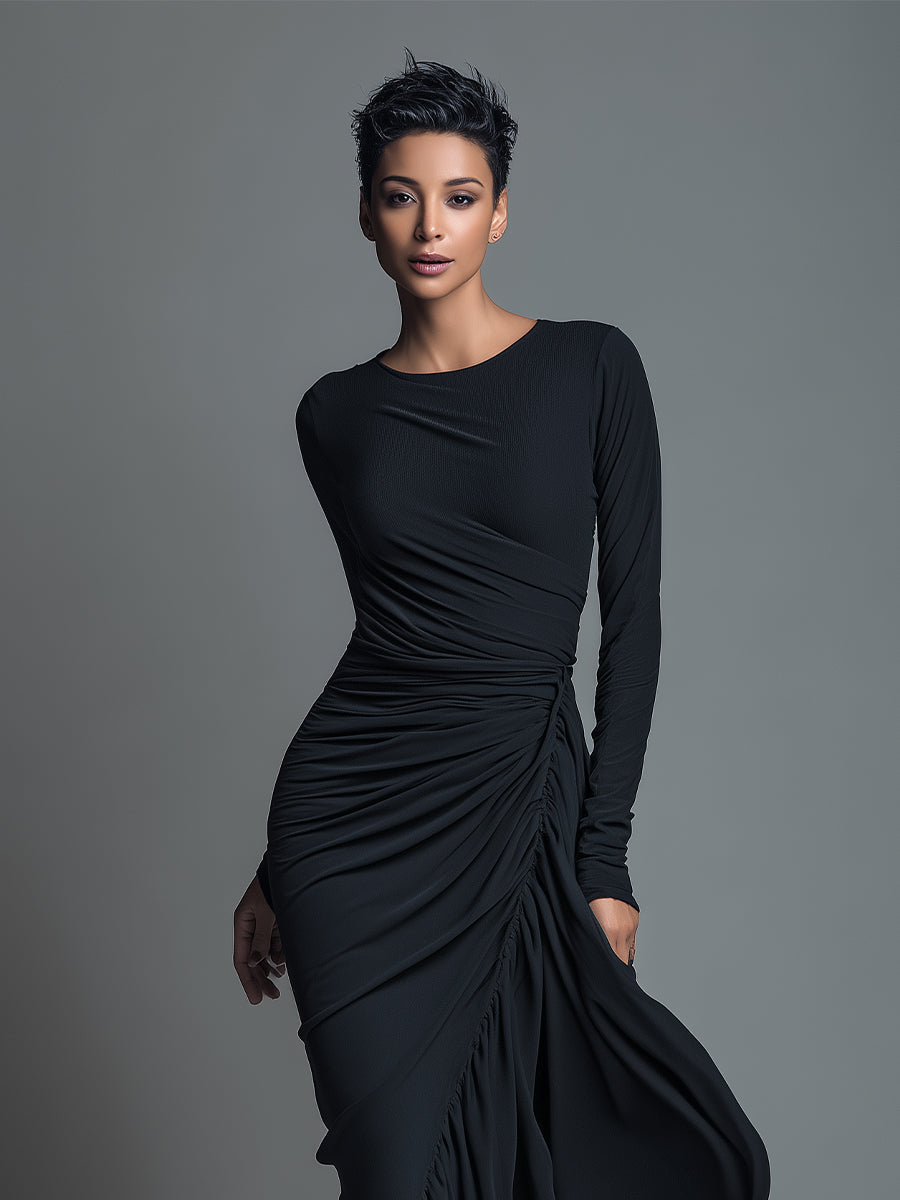 Model in a black formal evening maxi dress with long sleeves and draped skirt - view 2