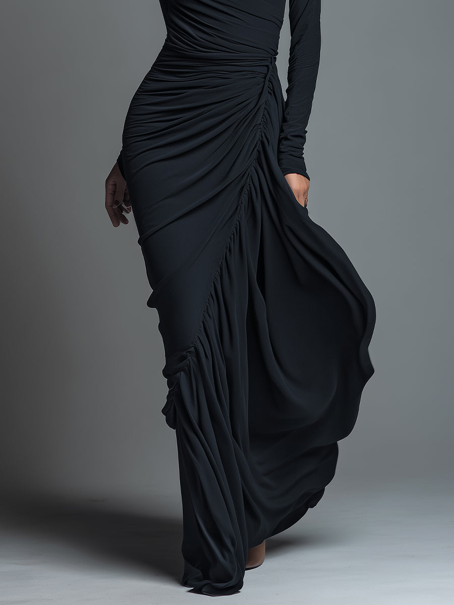 Model in a black formal evening maxi dress with long sleeves and draped skirt - view 3