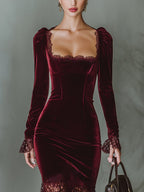 Velvet long sleeve cocktail dress with lace-trimmed square neckline, lace cuffs and sheer lace midi hem - view 7