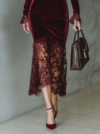 Velvet long sleeve cocktail dress with lace-trimmed square neckline, lace cuffs and sheer lace midi hem - view 8
