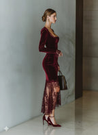Velvet long sleeve cocktail dress with lace-trimmed square neckline, lace cuffs and sheer lace midi hem - view 9