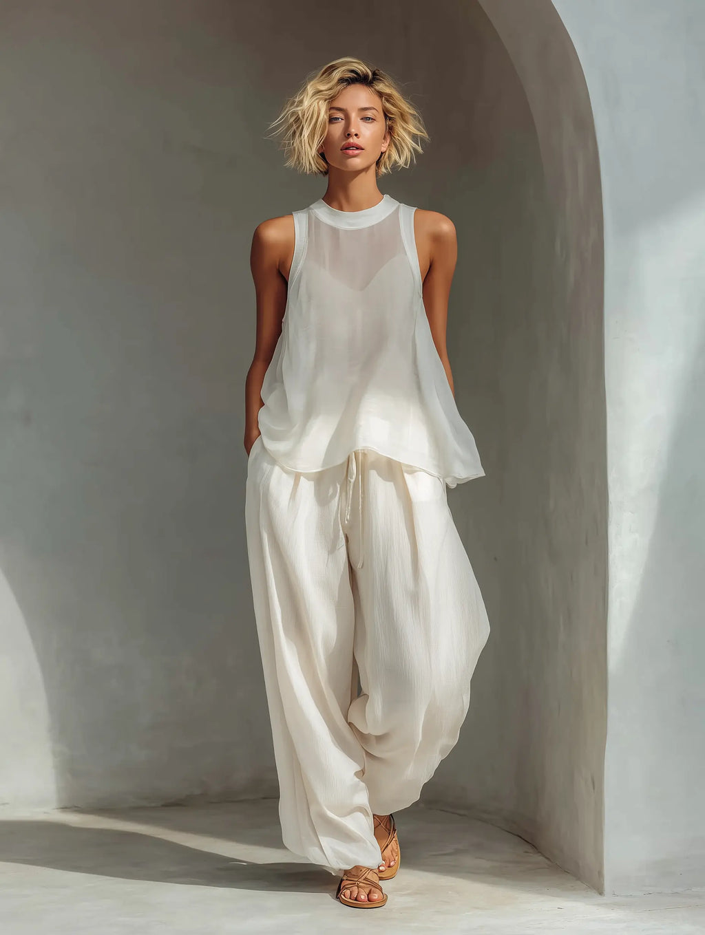 Chloe | Women's Cream Two-Piece Set With Semi-Sheer Chiffon Sleeveless Top oaklynwear