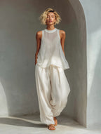 Chloe | Women's Cream Two-Piece Set With Semi-Sheer Chiffon Sleeveless Top oaklynwear