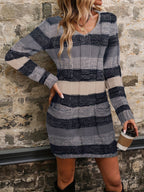 Sage, rust and white color block long sleeve knit sweater mini dress with V-neck and patch pockets - view 10