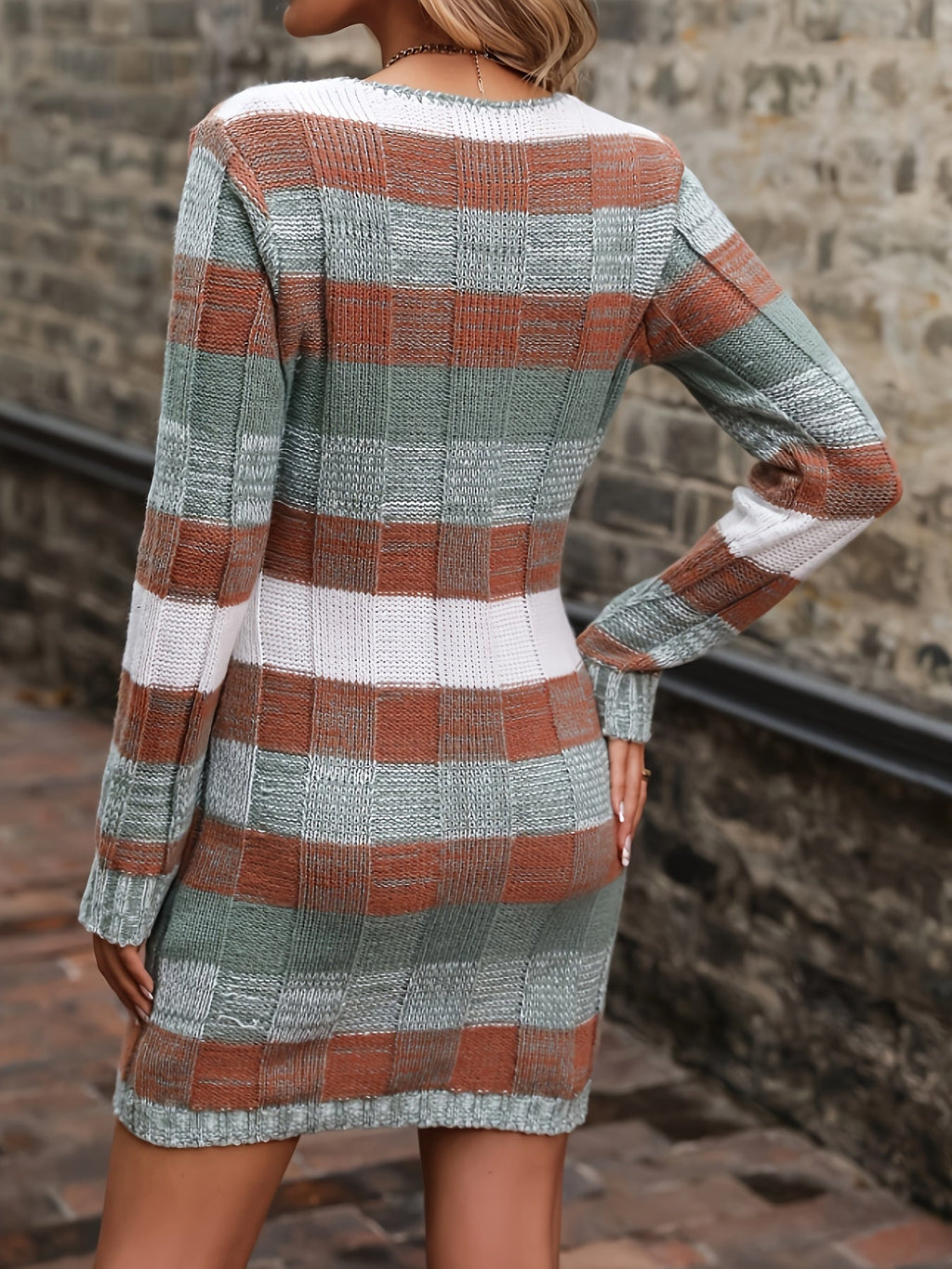 Sage, rust and white color block long sleeve knit sweater mini dress with V-neck and patch pockets - view 3